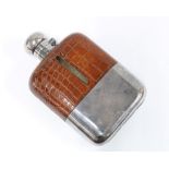 James Dixon & Sons Epns and leather mounted glass hip flask, large size with detachable cup and