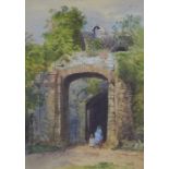 Late 19th century watercolour with stone archway and two figures, apparently unsigned, under glass