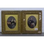A pair of 19th century male and female painted over prints, each in an oval mount, under glass and