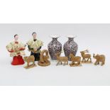 Mixed lot to include a set of miniature carved wooden animals, a pair of Indian enamel vases and two