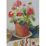 Jean DS. Cheyne , pot of geraniums, still life watercolour, signed and framed under glass, 22 x 32cm