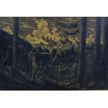 Bistriceanu, Romania - ebonised sgraffito panel depicting a stag in a forest, signed and dated 65,