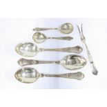 Three Danish silver table spoons and a pair of early 20th century Danish silver spoons and a anish
