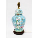 Chinoiserie table lamp base, pale blue ground with blossom pattern, 39cm.