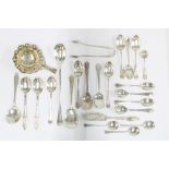 Collection of hallmarked silver teaspoons, sugar tongs and butter knife together with six Epns