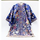 Early 20th century Chinese blue silk jacket / coat, circa 1920's, finely embroidered in coloured