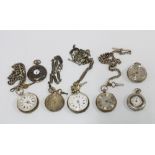 A collection of seven lady's silver fob watches, some with watch chains, etc (a lot)