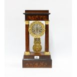 Rosewood Portico clock with silvered dial and Roman numerals, the inlaid case with floral pattern,
