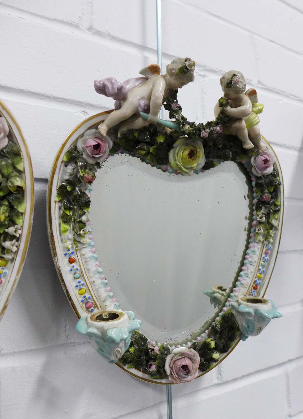 Pair of continental porcelain wall mirrors / candle sconces, heart shaped with cherubs and floral - Image 3 of 3
