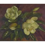 Audrey Turner, Magnolias, oil on board, signed and in an ornate frame, partial label verso, 50 x