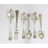 Queens pattern silver spoon and fork, London 1863, and four silver teaspoons, London 1855 (6)