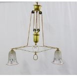 Brass rise and fall light fitting with two painted glass shades, 61cm wide approx 64cm drop