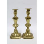 Pair of brass knop stemmed candlesticks, 25.5cm tall (2)