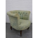 Mahogany framed tub open armchair with sage damask buttonback upholstery. 65 x 82 x 59cm.