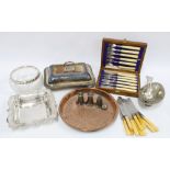 Mixed lot to include an epns mounted glass bowl, cutlery canteen, copper tray, Epns wares etc, (a