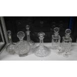 Six varius glass decanters with stoppers, tallest 30cm, together with two knop stemmed glasses (8)