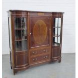 Mahogany and inlaid display cabinet, inverted top over a central cupboard door and two short