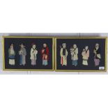 A companion pair of Chinese applique, each with four figures in traditional clothing, glazed frames,