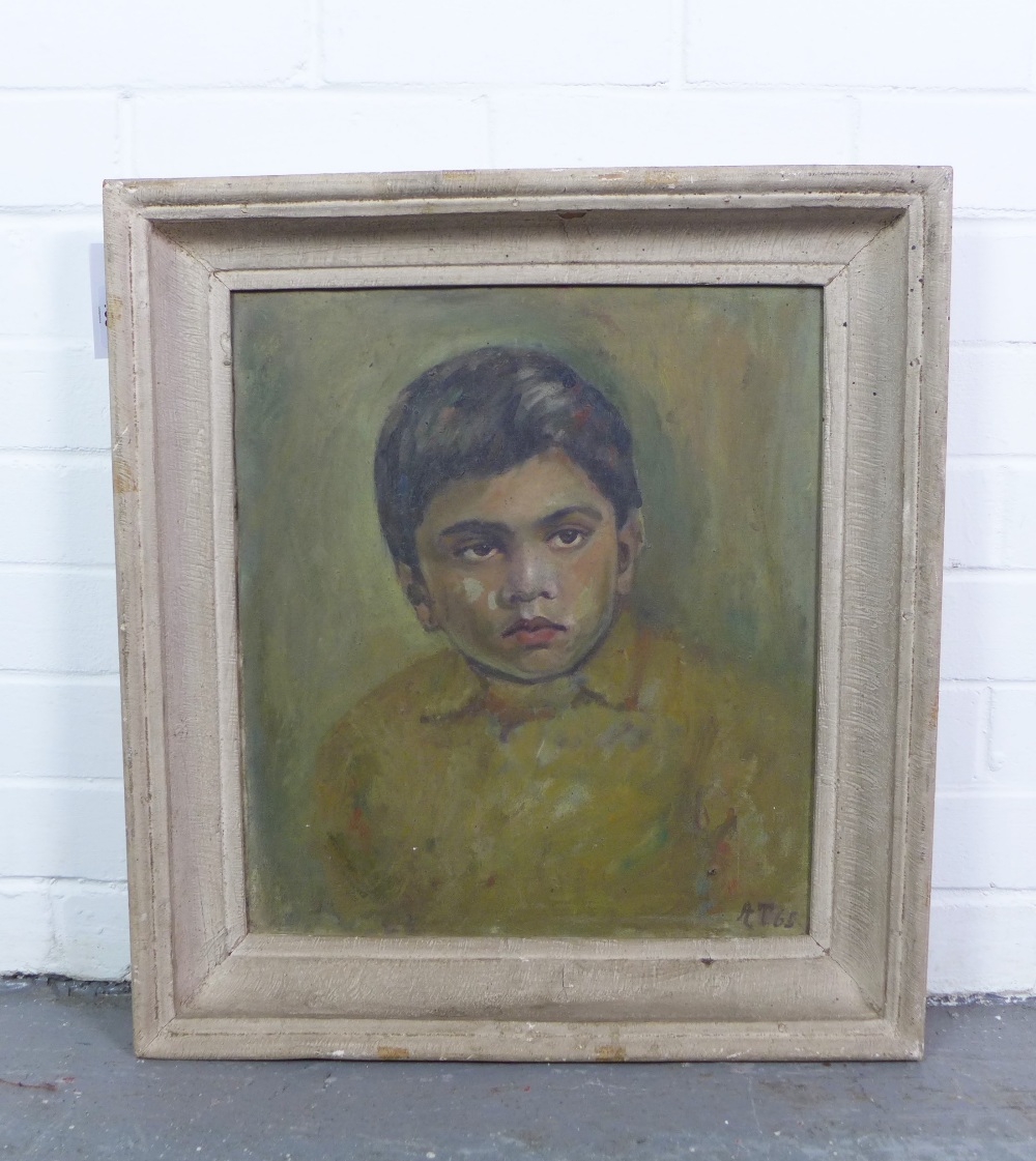 20th century Indian School, head and shoulders portrait of a boy, oil on canvas, signed with - Image 2 of 3