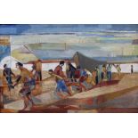 Boatyard with figures, large oil on canvas, apparently unsigned, framed, 115 x 75cm