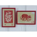 Two Chinese decoupage cut outs to include a water buffalo and a dragon, framed under glass, sizes