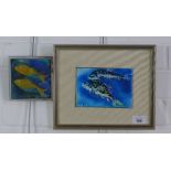 Two colour enamelled panels of fish, one framed, larger 15 x 10cm (2)
