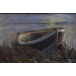 John McKinnon Crawford DA (SCOTTISH 1931 - 2005) a shore scene with row boat, oil on canvas,