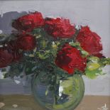 Vivak Mandalia, 'Red Rose' oil on canvas, signed and framed, 29 x 29cm