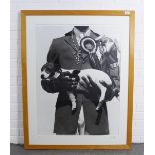 Large monochrome photographic print of a show jumper with a Jack Russell, signed