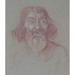 Red chalk drawing on buff paper in the manner of Augustus John, unsigned and framed under glass,