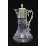 Victorian Epns and etched glass claret jug / decanter, with a man and two hounds pattern, 29cm high