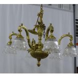 19th century style brass six branch chandelier, with six glass shades, approximately 62 x 70cm