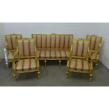 French style giltwood parlour suite with striped upholstery, comprising a three seater settee and