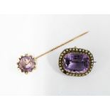 Amethyst and seed pearl brooch set in unmarked yellow metal 28mm wide, together with an amethyst tie