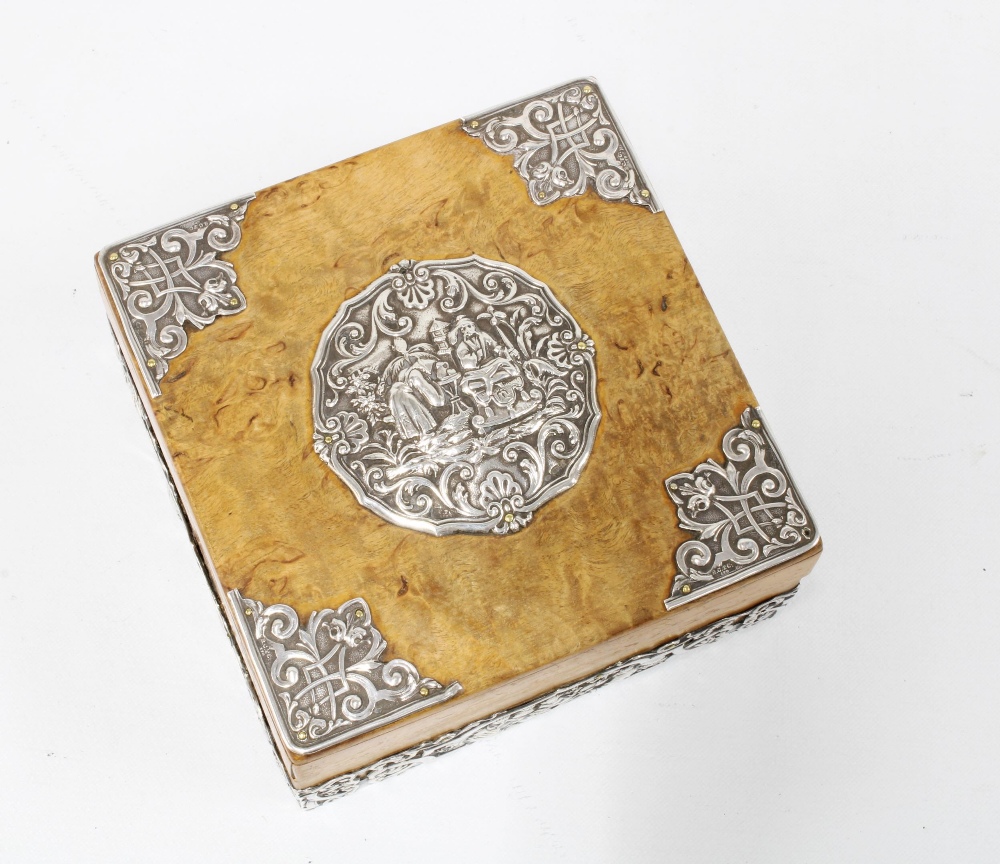 George V silver mounted burrwood box, London Import marks for 1926, square form with hinged lid