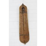 Solomon Islands wicker shield, black stain geometric decoration and with handle, 84 x 20cm