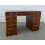 Yew wood Campaign style pedestal desk, 121 x 75 x 60cm and a side chair (2)