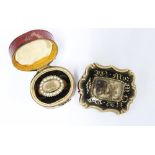 19th century gold and seed pearl mourning ring with glazed panel containing hair, the inner