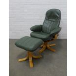 Green leather Stressless style armchair and footstool, 74 x 100 x 49cm. (2)