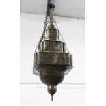 Middle Eastern style pierced metal lantern ceiling light, approximately 75 x 32cm