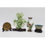 Carved jadeite flower vase with wooden stand, 21cm, cloisonne vase, bowl and pin dish (4)