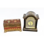 Black chinoiserie 'Tempus Fugit' mantle clock, 20cm, together with a painted wooden box (2)