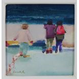 Layla Rose, Beach Friends, oil on panel, signed and framed, 13 x 12.5cm