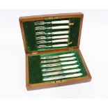 Mappin & Webb set of six silver and mother pearl fruit knives and forks, Sheffield 1928, in mahogany