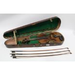 Violin with coffin style case and three bows, violin back length is 35cm, overall length 60cm
