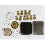 Mixed metal inlaid cigarette case, tortoiseshell cigarette case and a group of pocket watch parts