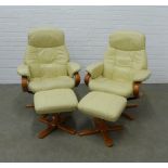 Pair of Stressless style cream leather armchairs and footstools, 80 x 100 x 50cm. (4)