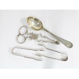 19th century silver sugar tongs with shell bowls, two unmarked white metal sugar tongs and a