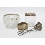 Edwardian silver rimmed glass bowl, 10cm diameter together with glass jar with silver cover, white