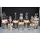Collection of seven clear glass apothecary / pharmacy bottles and stoppers with gilt Latin